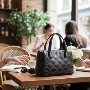 Chanel Wild Stitch Brown Leather Squared Diamond Stitching Top Handle Bag